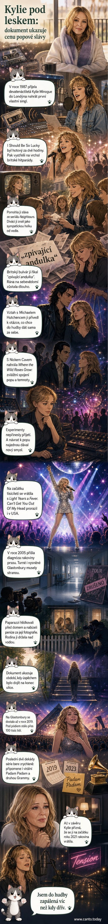 Kylie Minogue na pódiu, v pozadí světelné efekty a dav, záběr z dokumentu od Netflixu.