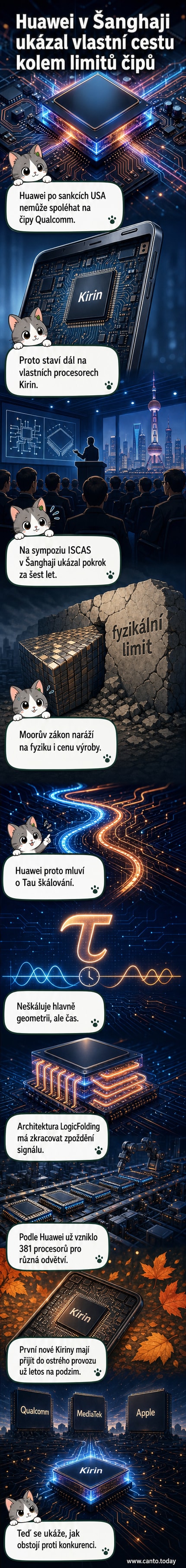 Ilustrace čipu Huawei Kirin s označením nové architektury LogicFolding a značkou Tau Scaling Law, na pozadí technologické laboratoře v Šanghaji.