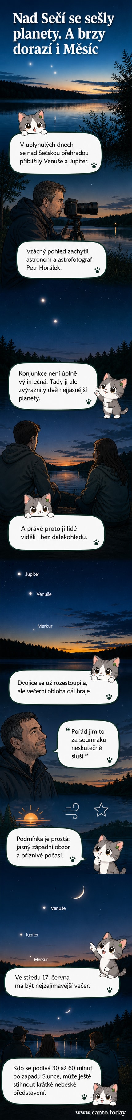 Večerní obloha nad Sečskou přehradou s jasnou Venuší a Jupiterem blízko sebe, v pozadí hory a vodní hladina odrážející světlo západu slunce.