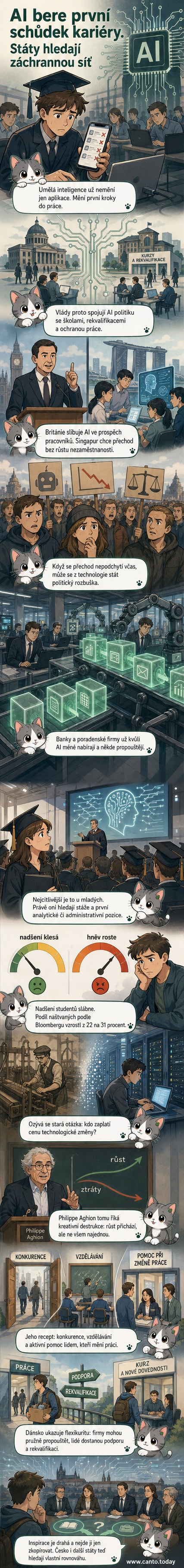 Ilustrace mladého člověka stojícího před obřím robotem s logem AI, který mu blokuje přístup k pracovním příležitostem. Na zemi leží rozbité kancelářské židle a dokumenty.