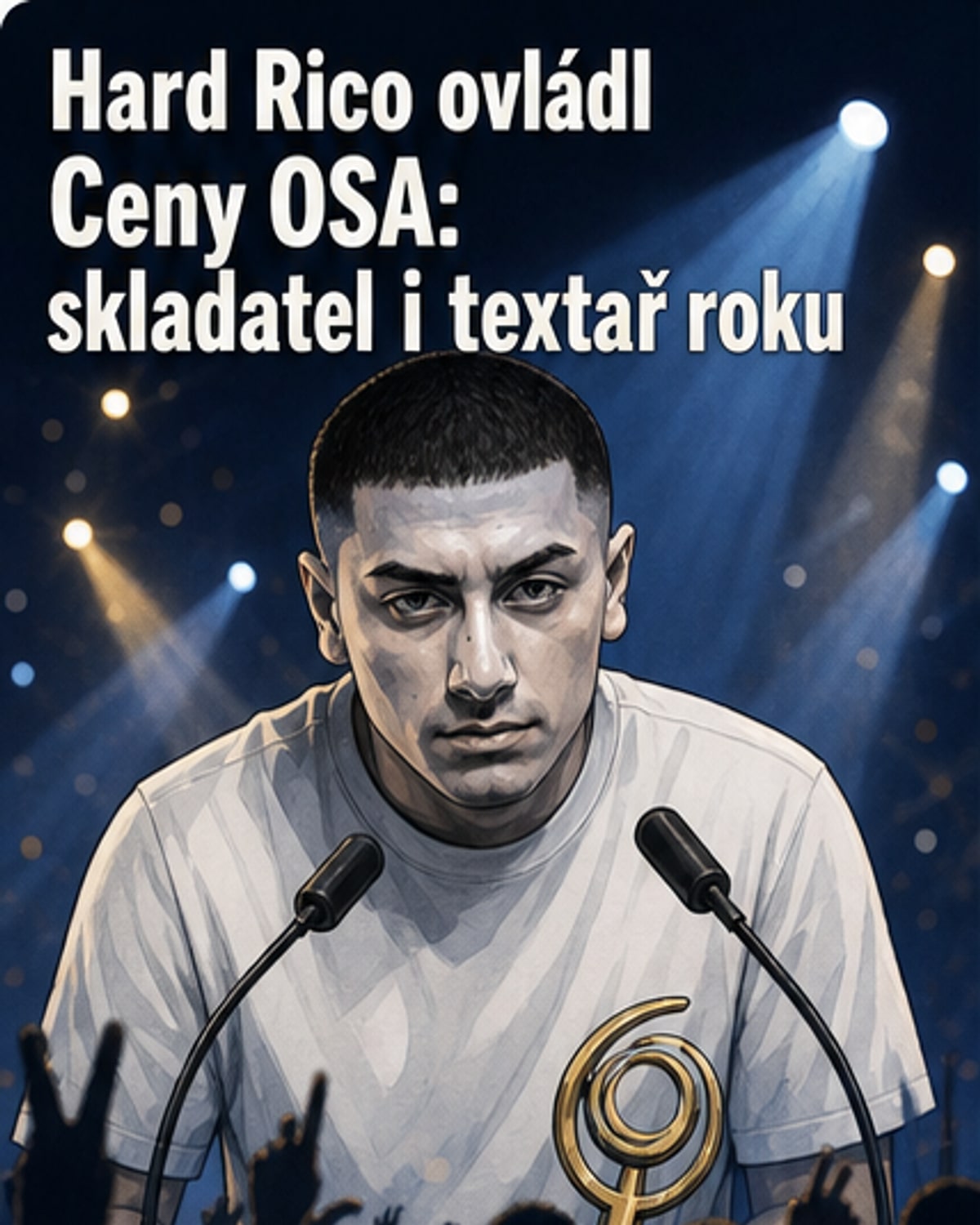 Ilustrace slavnostního předávání cen OSA 2026 s postavami vítězů, včetně Harda Rica a Calina, na pozadí hudby a mikrofonů.