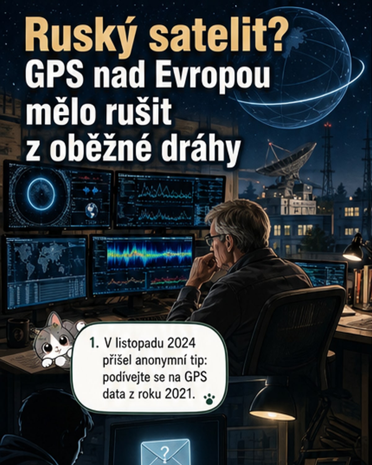 Ilustrace ruského satelitu Kosmos 2546 na oběžné dráze, který vysílá signál rušící GPS nad Evropou, zatímco na zemi blikají červené body indikující výpadky přijímačů.