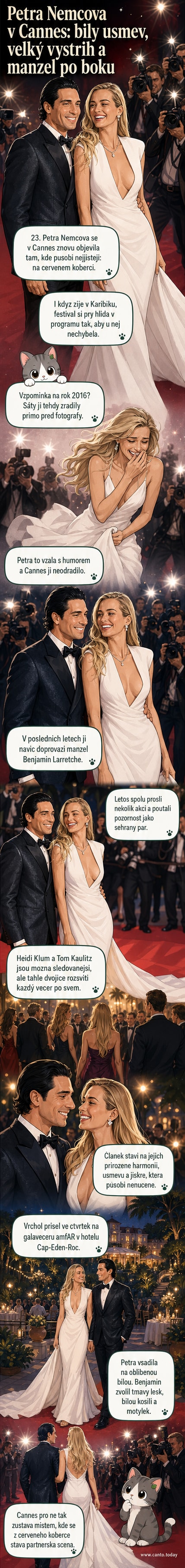 Petra Němcová a její manžel Benjamin Larretche na červeném koberci v Cannes, Petra v bílých šatech s výrazným výstřihem a vlečkou, její manžel v tmavém obleku s motýlkem.