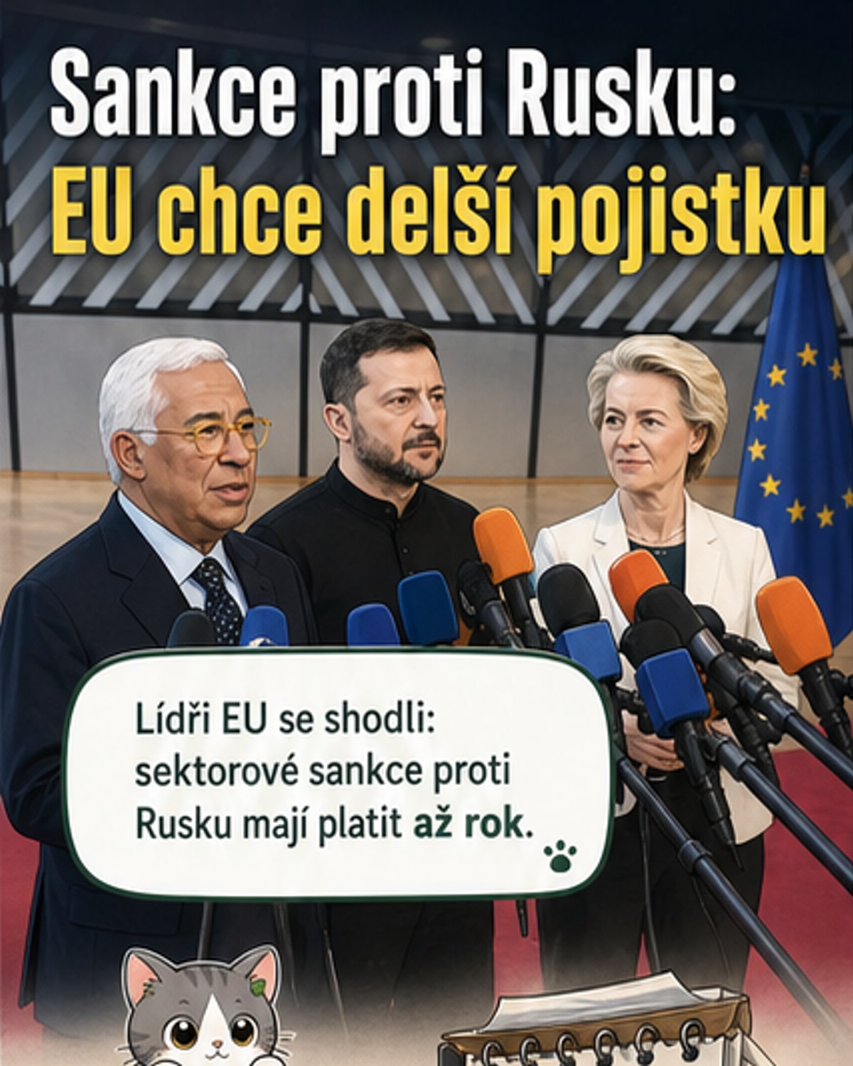 Ilustrace evropské mapy s vlajkami členských zemí EU a ikonami sankcí – peníze, doprava, energetika – směřujícími k ruské hranici.