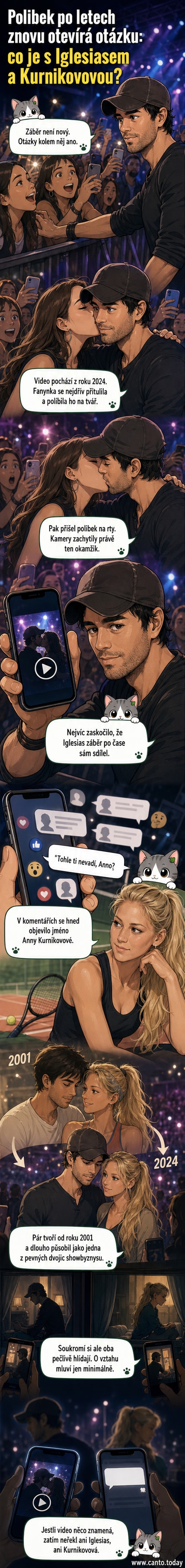 Ilustrace znázorňující Enrique Iglesiova, jak mu během akce líbá fanynka, zatímco v pozadí je vidět zvědavé publikum a kamery.