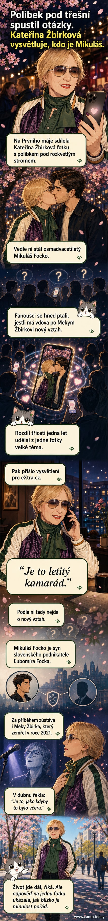 Ilustrace ženy a mladého muže líbajících se pod třešní, stylizovaná jako webtoon s emocionálním nádechem.