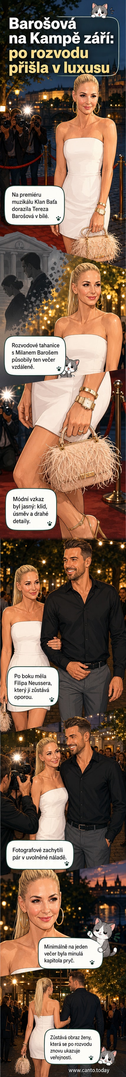 Tereza Barošová v bílých minišatech a s luxusní kabelkou stojí na červené rovině, usmívá se do fotoaparátu, po jejím boku stojí Filip Neusser.