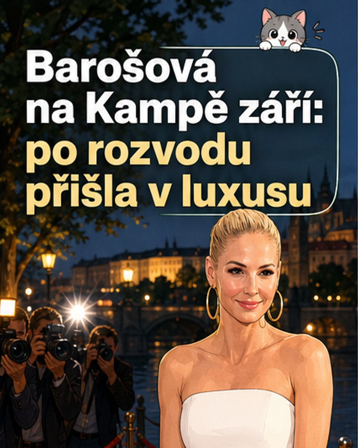 Tereza Barošová v bílých minišatech a s luxusní kabelkou stojí na červené rovině, usmívá se do fotoaparátu, po jejím boku stojí Filip Neusser.