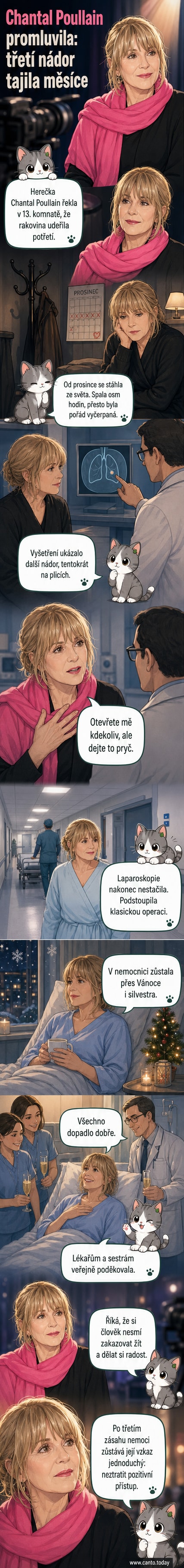 Herečka Chantal Poullain stojí v jednoduchém oblečení, ruka na hrudníku, výraz plný odhodlání a klidu.