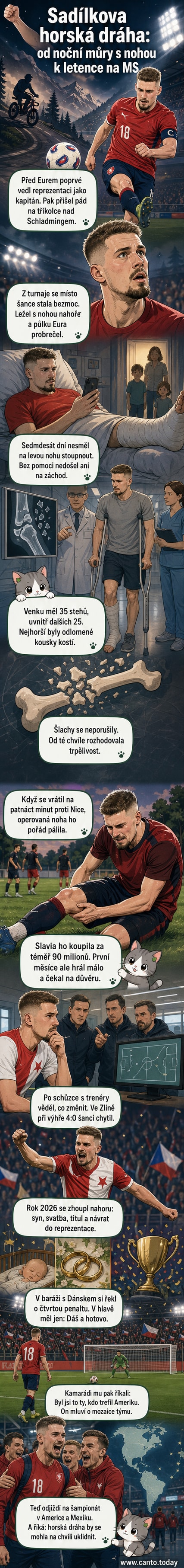 Ilustrace Michala Sadílka s nohou v obvazu po operaci, jak se vrací na trávník, zatímco v pozadí symbolicky zmizí horská dráha a objeví se reprezentační dres s lvíčkem.