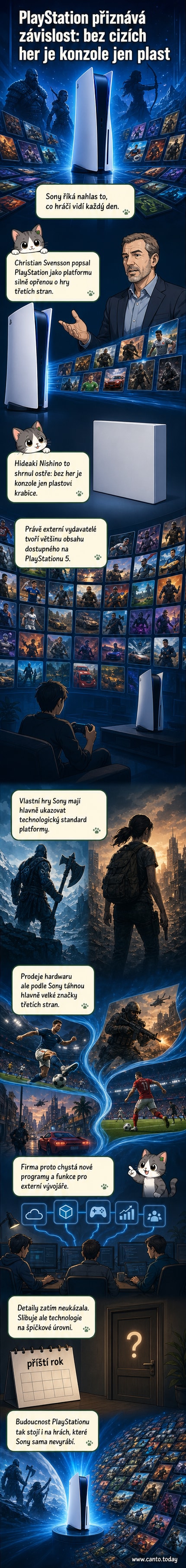 Ilustrace konzole PlayStation obklopené ikonickými hráčskými postavami z populárních her třetích stran, jako je Call of Duty a GTA VI, s logem Sony v pozadí.