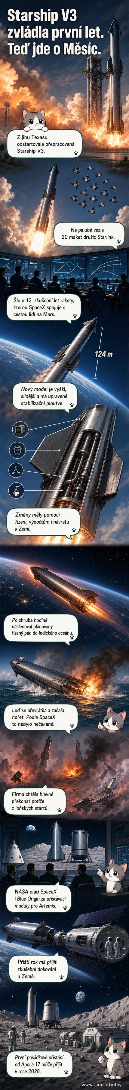 Ilustrace rakety Starship během startu ve dne, s ohnivým výtryskem z motorů a odrážejícím se světlem na zemi. Na pozadí je obloha a odpalovací rampa v Texasu.