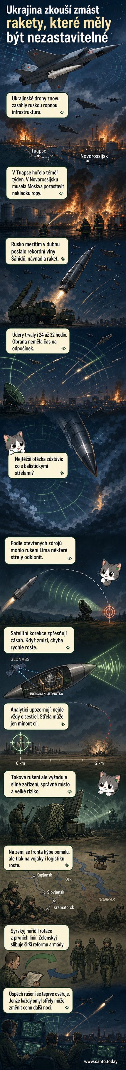 Ilustrace ukrajinského elektronického rušení ruské balistické rakety Kinžál během letu, s radarovými vlnami narušujícími její dráhu.