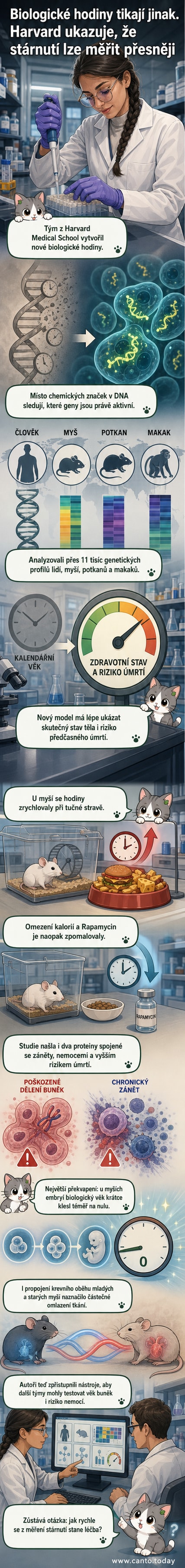 Ilustrace ukazující molekulární hodiny měřící stárnutí na buněčné úrovni, s genetickými profily a grafem biologického věku.