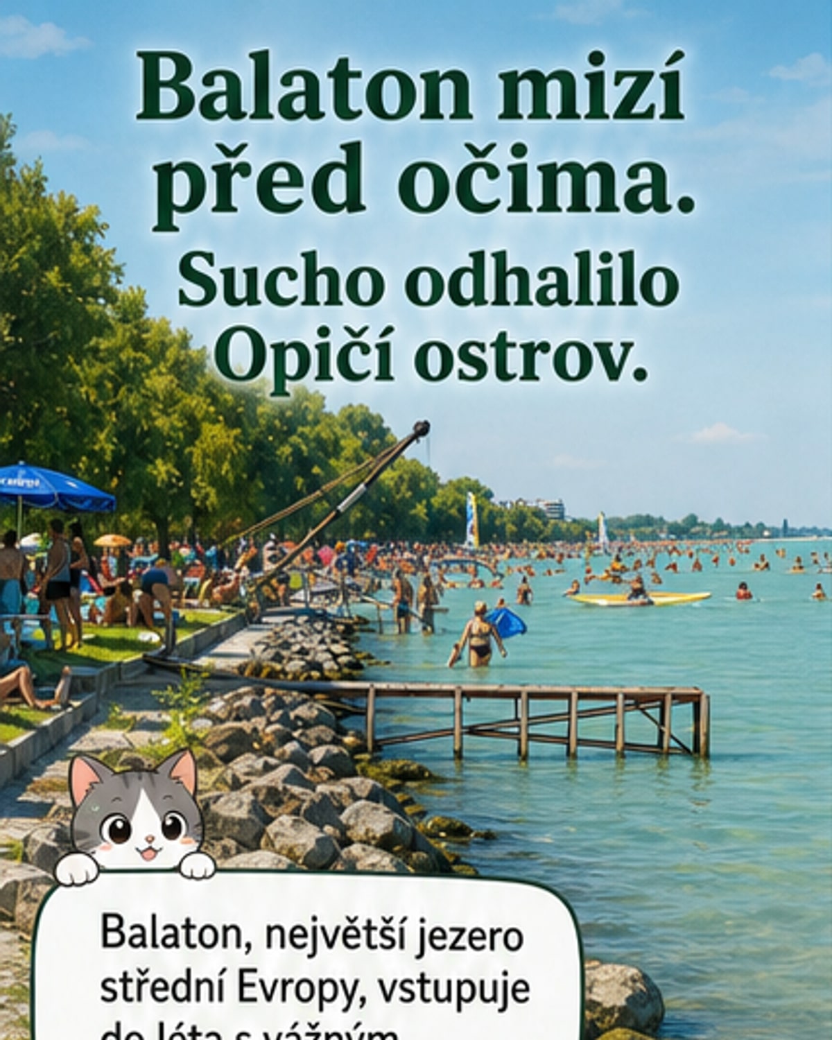 Ilustrace suchého pobřeží jezera Balaton, kde je vidět obnažené dno a uprostřed malý písčitý ostrov s nápisem Opičí ostrov, na obzoru horké slunce a suchá krajina.