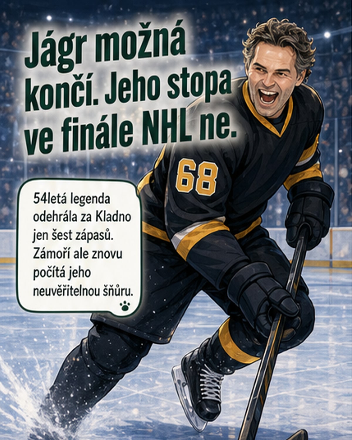 Černobílé archivní foto Jaromíra Jágra v dresu Pittsburghu s aktuálním grafickým překrytím ukazujícím vazby na současné hráče NHL.