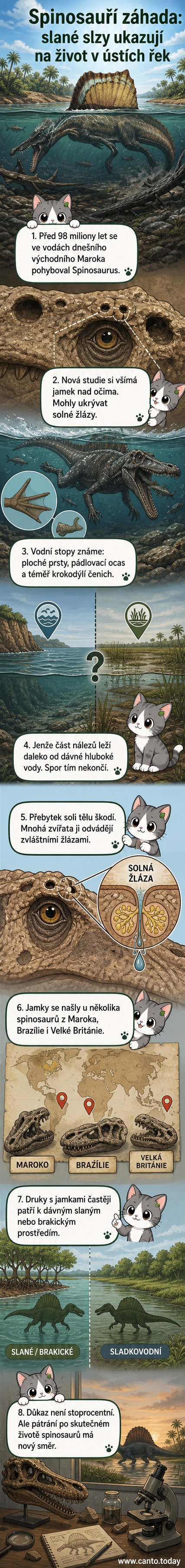 Ilustrace spinosaura s hřebenem na zádech, brodícího se v bažině s částečně slanou vodou, s detailním zvýrazněním jamek nad očima.