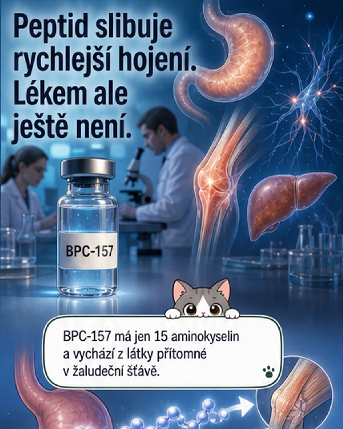 Ilustrace peptidu BPC-157 v lidském těle, s detaily na žaludku, kloubu a nervu, ukazující regenerační účinky.