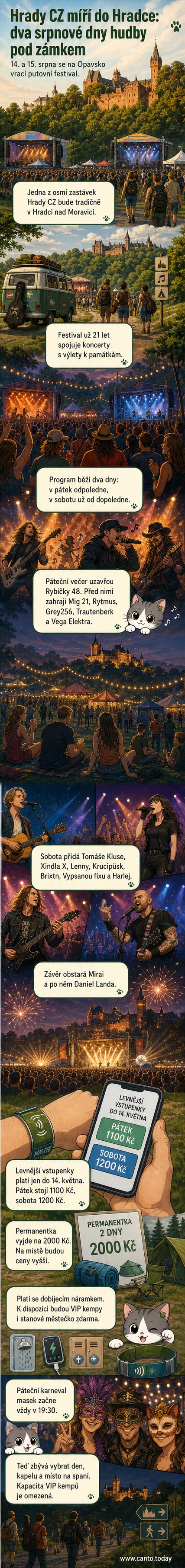 Ilustrace hudebního festivalu pod hradem Hradec nad Moravicí, na pódiu vystupuje kapela, publikum tančí, na pozadí hradní zřícenina a letní obloha.