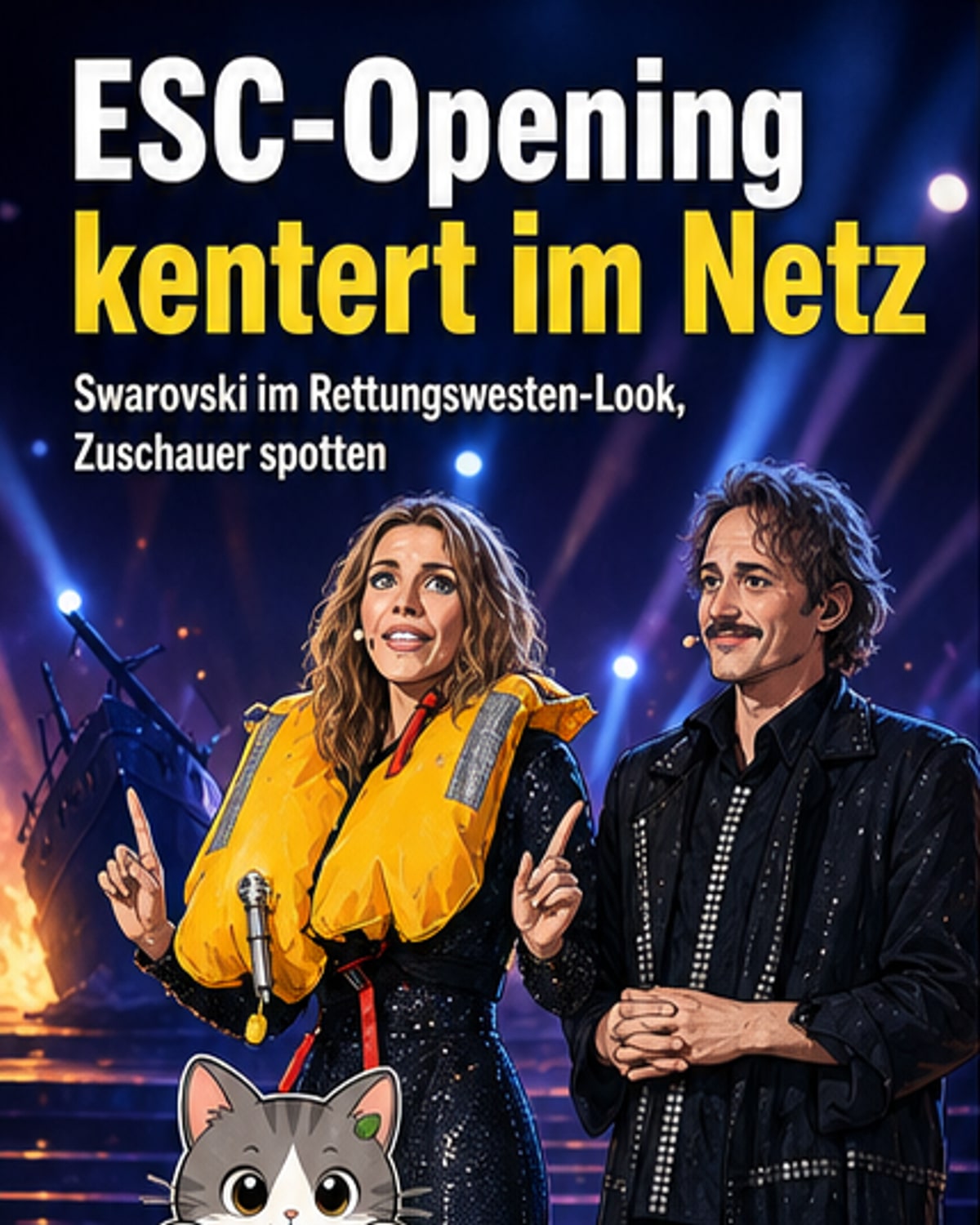 Swarovski mit Schwimmweste auf der ESC-Bühne