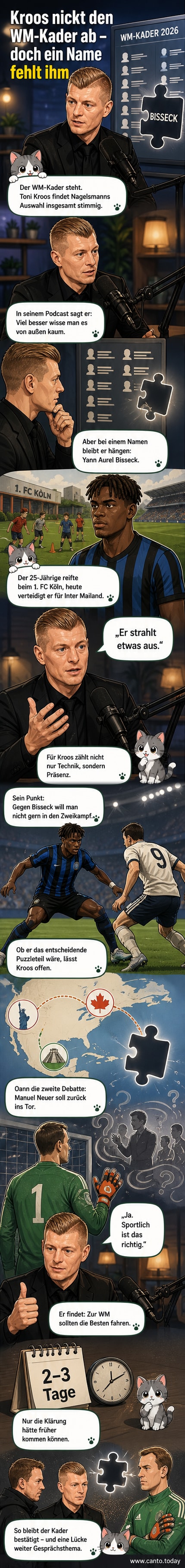 Toni Kroos im Gespräch, im Hintergrund der DFB-Kader und Yann Aurel Bisseck in Inter-Auswahl