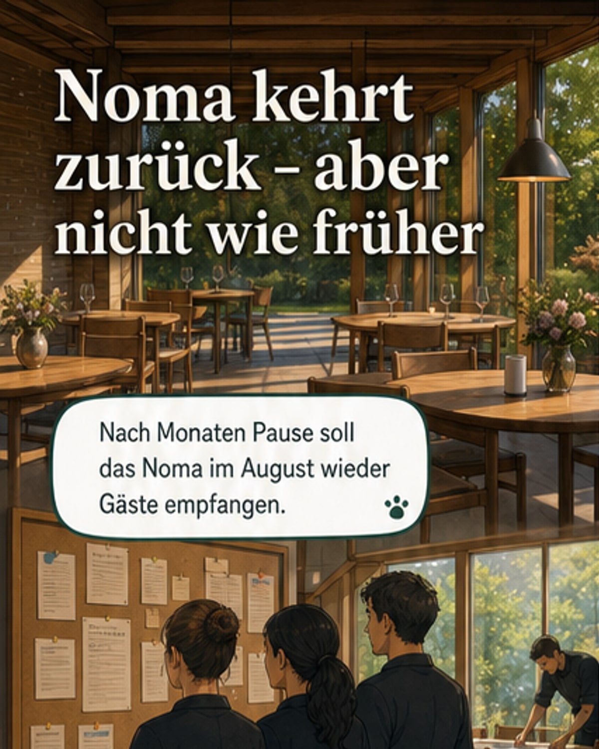 Illustration eines modernen Restaurants in Kopenhagen mit skandinavischem Design, umgeben von Journalisten und neugierigen Gästen, während ein Schild 'Noma' leuchtet.