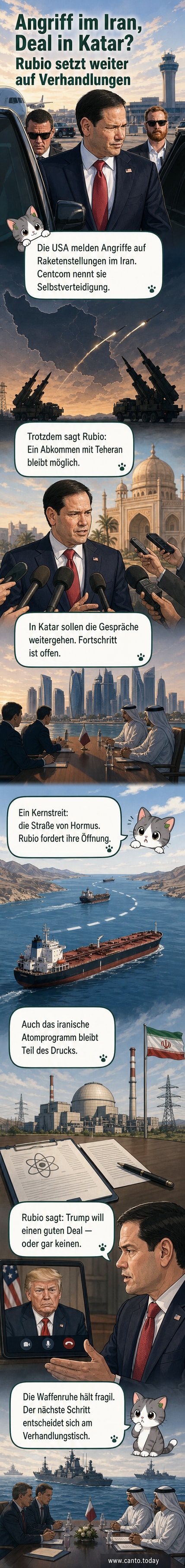 Illustration einer militärischen Auseinandersetzung in der Straße von Hormus mit US-Schiffen und iranischen Raketenstellungen, während im Hintergrund ein Friedenssymbol über Katar schwebt.