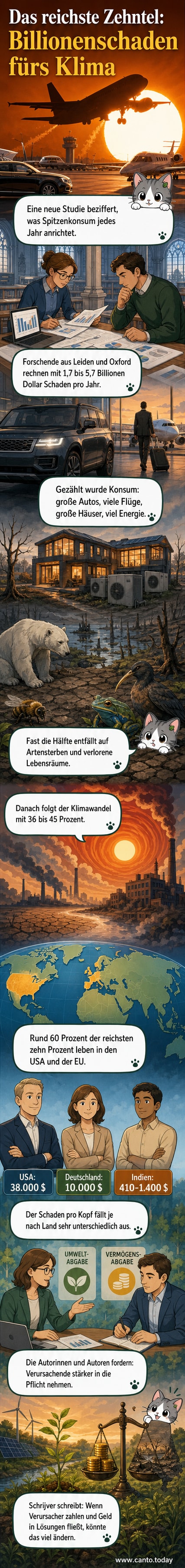 Illustration einer Waage, auf der eine kleine Gruppe wohlhabender Menschen einer viel größeren, global verteilten Bevölkerung gegenübersteht, mit Symbolen für CO2, Artensterben und Ressourcenverbrauch.