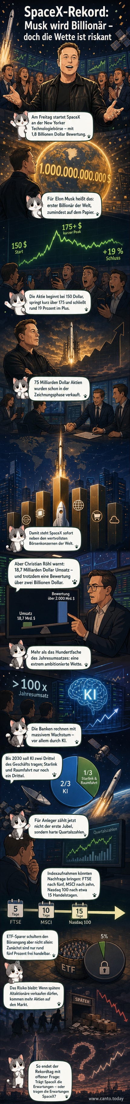 Illustration von Elon Musk vor einer Rakete und einem KI-Chip, daneben steigende Börsenkurven und ein Schild mit „1,8 Billionen Dollar“.