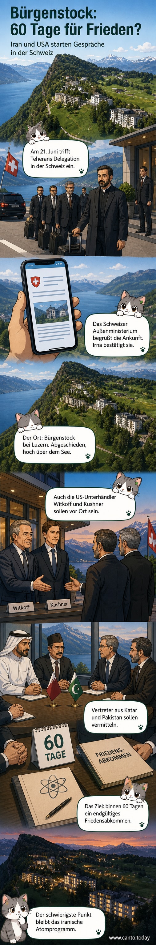 Blick auf das Resort Bürgenstock in den Schweizer Alpen, Austragungsort der Friedensgespräche zwischen dem Iran und den USA.