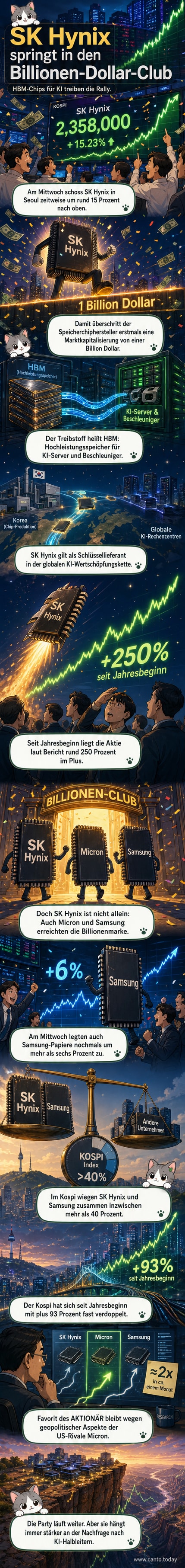Ein abstraktes Design eines HBM-Speicherchips vor einem blauen Hintergrund mit der Aufschrift 'SK Hynix' und der Zahl '1 Billion USD'.
