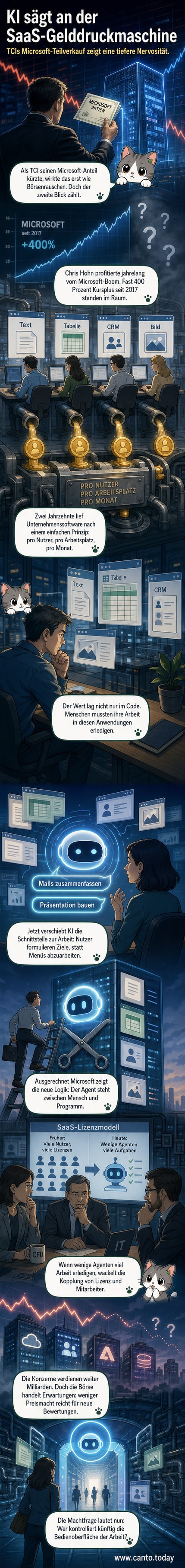 Illustration einer zerbrechenden Software-Lizenz, aus deren Trümmern ein KI-Agent emporsteigt – symbolisch für den Wandel von SaaS zu KI-gesteuerter Arbeit.