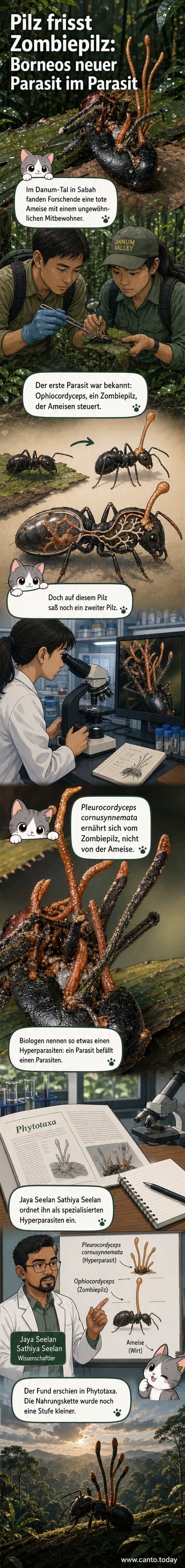 Illustration eines toten Ameisenkörpers, aus dem ein hornförmiger Pilz wächst, während ein zweiter Pilz das Gewebe des ersten befällt – symbolisiert die seltene Hyperparasitie auf Borneo.