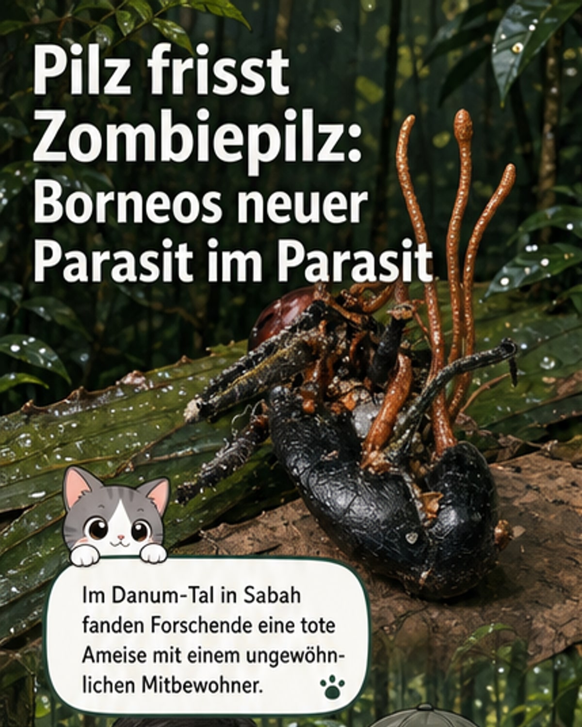 Illustration eines toten Ameisenkörpers, aus dem ein hornförmiger Pilz wächst, während ein zweiter Pilz das Gewebe des ersten befällt – symbolisiert die seltene Hyperparasitie auf Borneo.