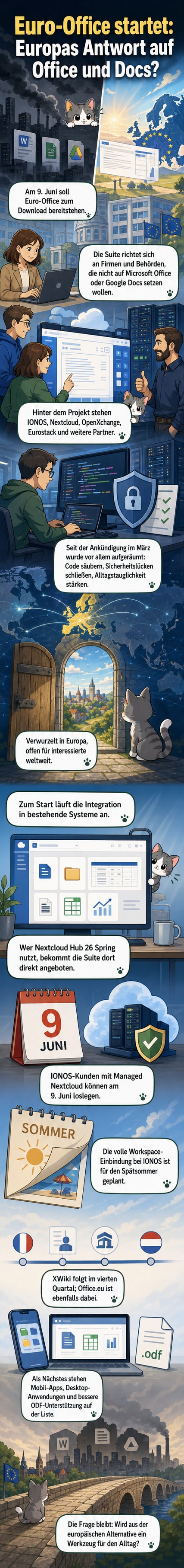 Illustration einer europäischen Büro-Suite mit Logo-Elementen von IONOS, Nextcloud und OpenXchange, die sich gegen US-Konkurrenten wie Microsoft und Google behauptet.
