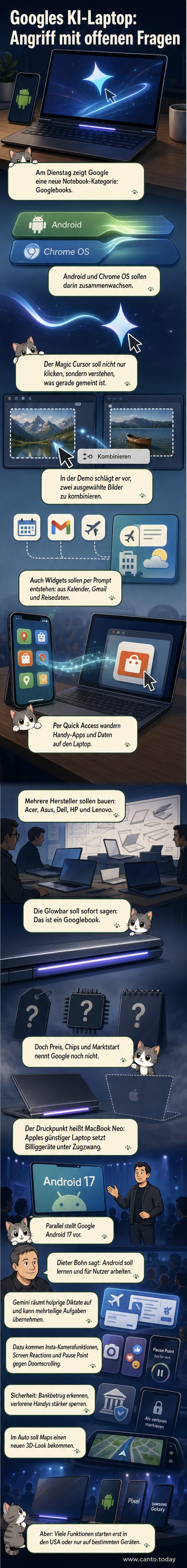 Illustration eines schlanken Laptops mit leuchtender LED-Leiste am Rand und einem Cursor, der ein kleines Gemini-Symbol trägt, während er über ein Display mit Widgets und Smartphone-Integrationen schwebt.