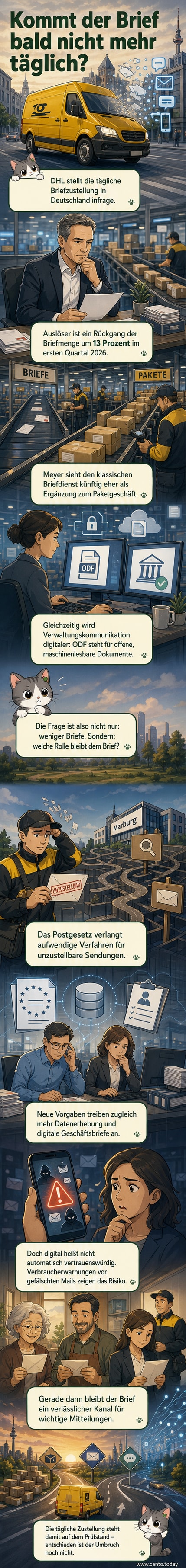 Illustration einer leeren Briefkastenreihe mit einem DHL-Briefträger im Hintergrund, der nachdenklich auf ein digitales Tablet blickt.