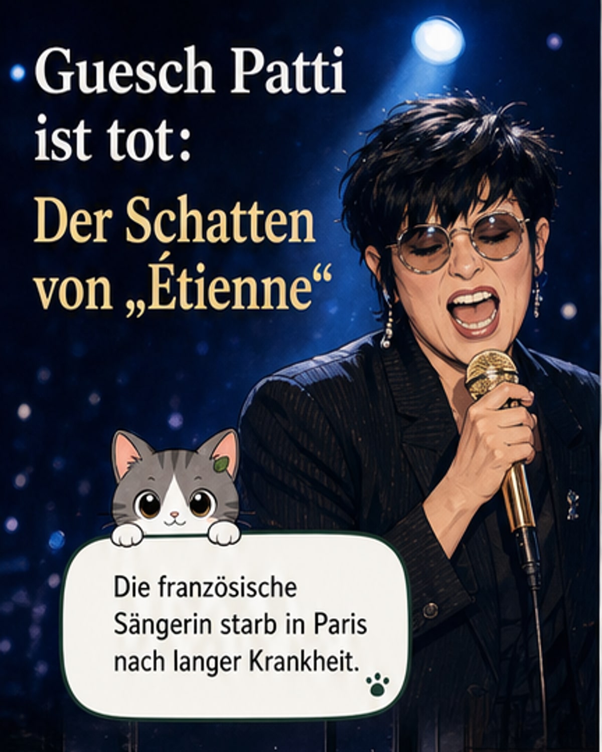 Porträt der französischen Sängerin und Tänzerin Guesch Patti, bekannt durch den Hit 'Étienne', in Schwarz-Weiß-Optik mit stilvoller Bühnenpose.