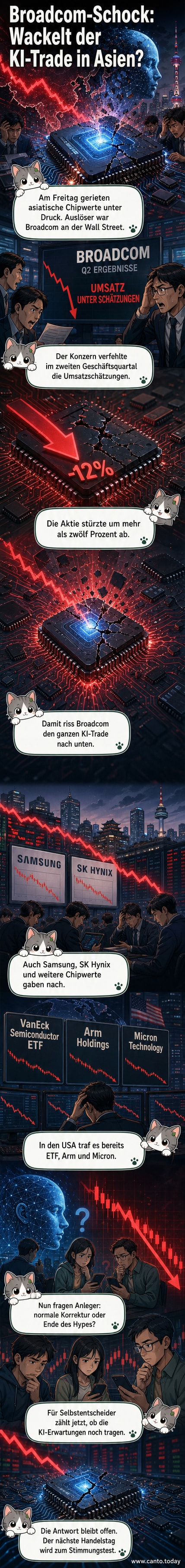 Ein abgestürzter Aktienkursgraph mit KI-Chip-Symbolen im Hintergrund, umgeben von fallenden Aktienkursen von Broadcom, Samsung und SK Hynix.