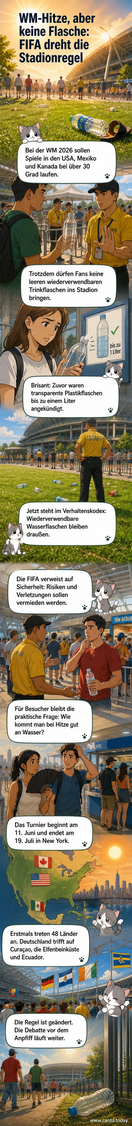 Fußballfans im Stadion bei großer Hitze, im Hintergrund ein Schild mit Verbot von Trinkflaschen, daneben Kai Havertz im Trikot der deutschen Nationalmannschaft.