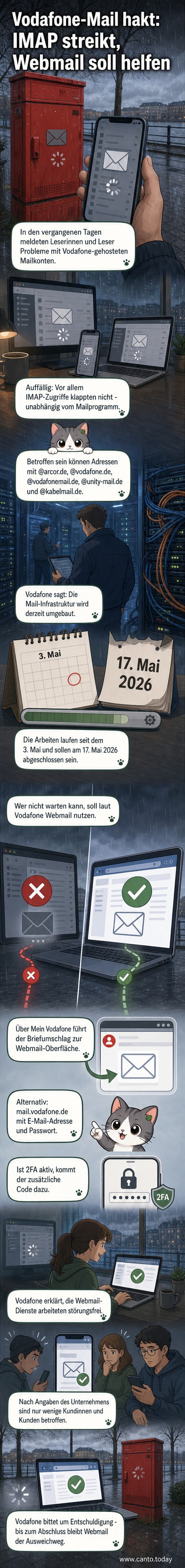 Ein Smartphone und ein Laptop zeigen Fehlermeldungen beim E-Mail-Abruf, während der Vodafone-Webmail-Zugang im Browser funktioniert.