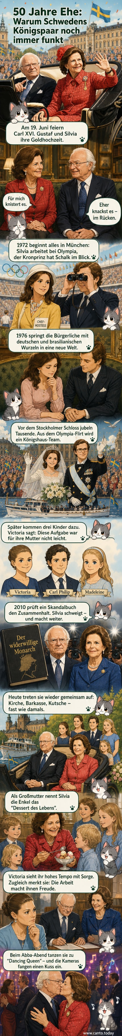 Schwedisches Königspaar Carl XVI. Gustaf und Silvia bei einer Feier, Arm in Arm, lächelnd, im roten Kostüm und traditioneller königlicher Kleidung, umgeben von Familie und Jubelnden.