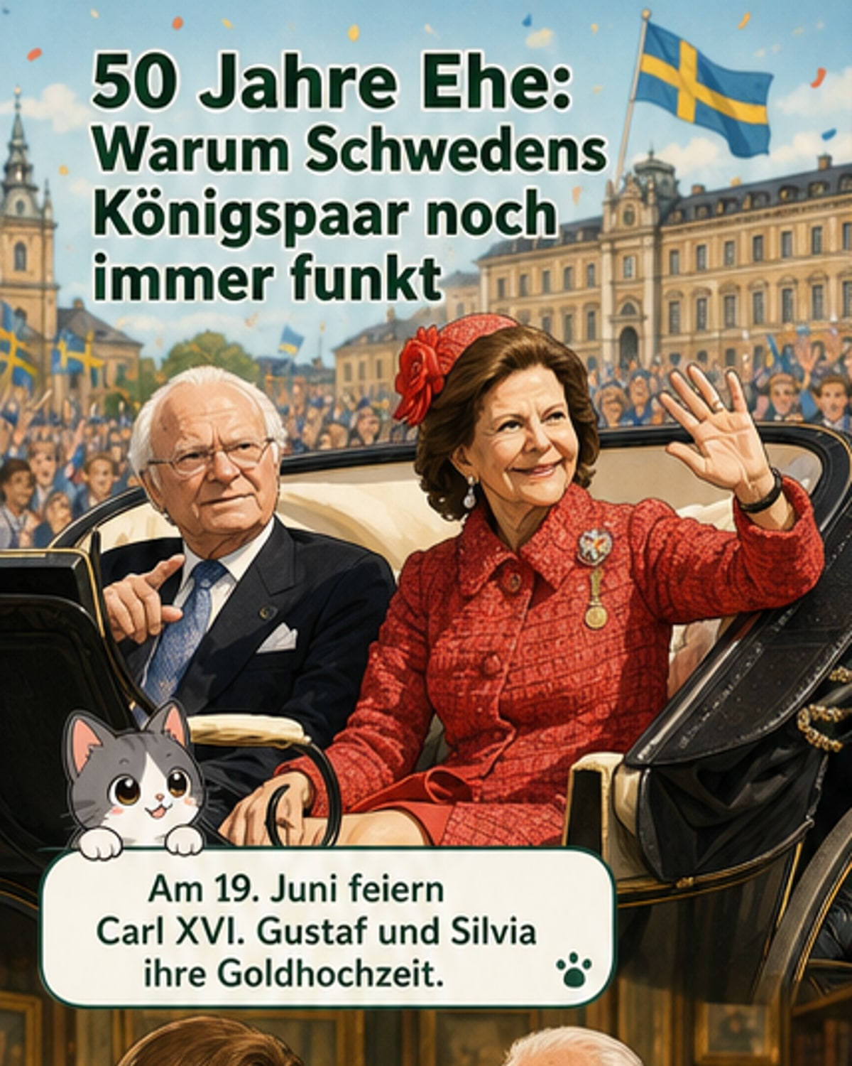 Schwedisches Königspaar Carl XVI. Gustaf und Silvia bei einer Feier, Arm in Arm, lächelnd, im roten Kostüm und traditioneller königlicher Kleidung, umgeben von Familie und Jubelnden.