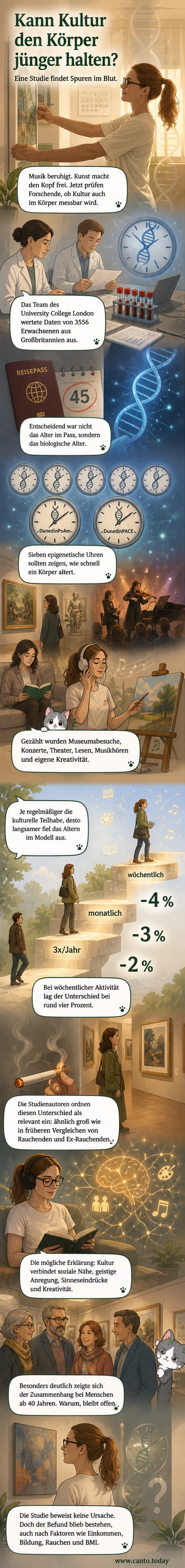 Eine Person liest ein Buch, daneben eine epigenetische Uhr, die langsames Altern anzeigt, im Hintergrund ein Museum und ein Konzertsaal.