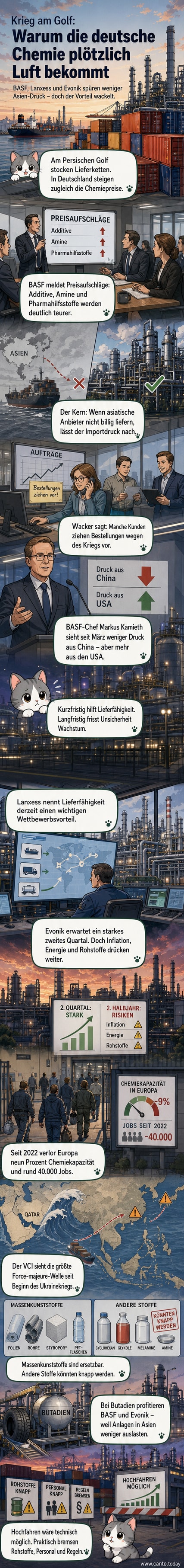 Chemieanlage bei Nacht mit beleuchteten Rohren und Tanks, im Hintergrund Rauchwolken – symbolisch für die indirekten Auswirkungen des Iran-Konflikts auf die deutsche Industrie.