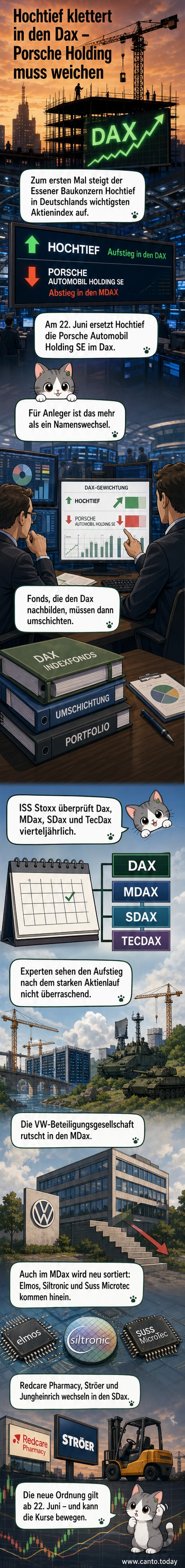 Börsenticker mit Dax-Werten, im Vordergrund das Logo von Hochtief, das nach oben zeigt