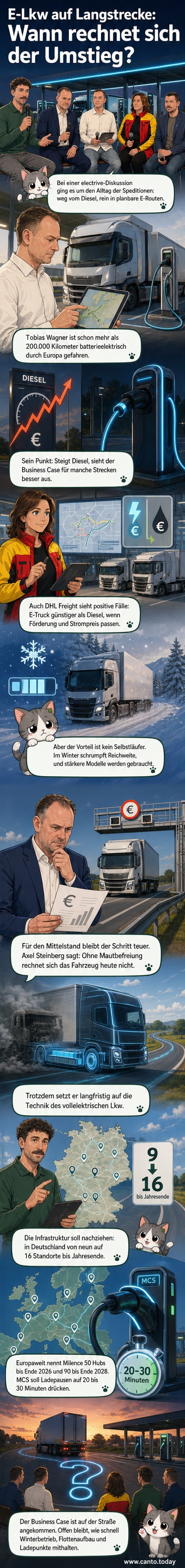 Ein elektrischer Lkw fährt auf einer Autobahn durch eine abendliche Landschaft, im Hintergrund Windräder und ein Milence-Ladepark mit Hochleistungsladern.