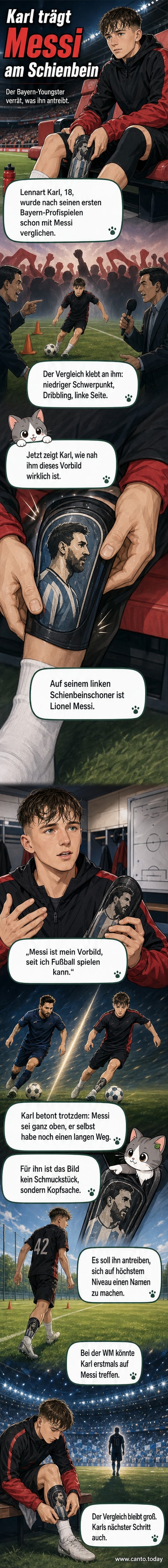 Nahaufnahme des linken Schienbeins von Lennart Karl, auf dem ein aufgedrucktes Porträt von Lionel Messi zu sehen ist, während er im Trikot des FC Bayern steht.