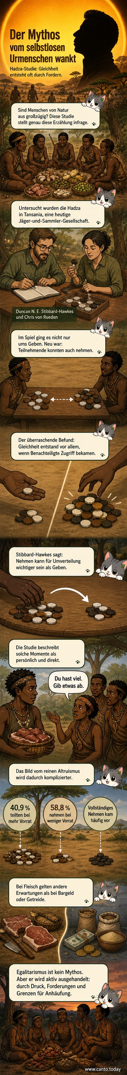 Abstrakte Darstellung zweier Figuren, von denen eine eine Nahrungsmenge an sich nimmt, während die andere zurückweicht – symbolisiert sozialen Druck beim Teilen bei Jäger-und-Sammlern.