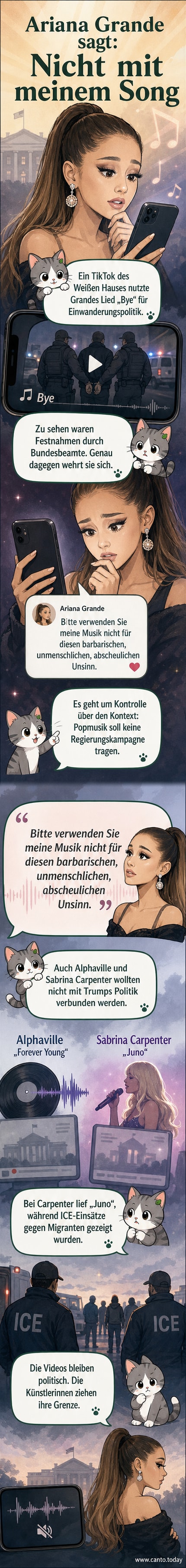 Illustration einer Bühne mit Mikrofon, davor ein Schild mit 'Keine Nutzung für politische Zwecke', im Hintergrund schemenhafte Polizei- und Migrationskontexte.